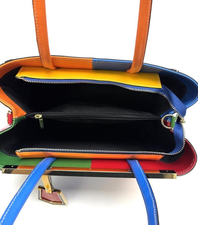 Borsa donna in vera pelle, CHIAROSCURO mod. HANA, base blu, colore MULTICOLORE / ESTIVO, Made in Italy