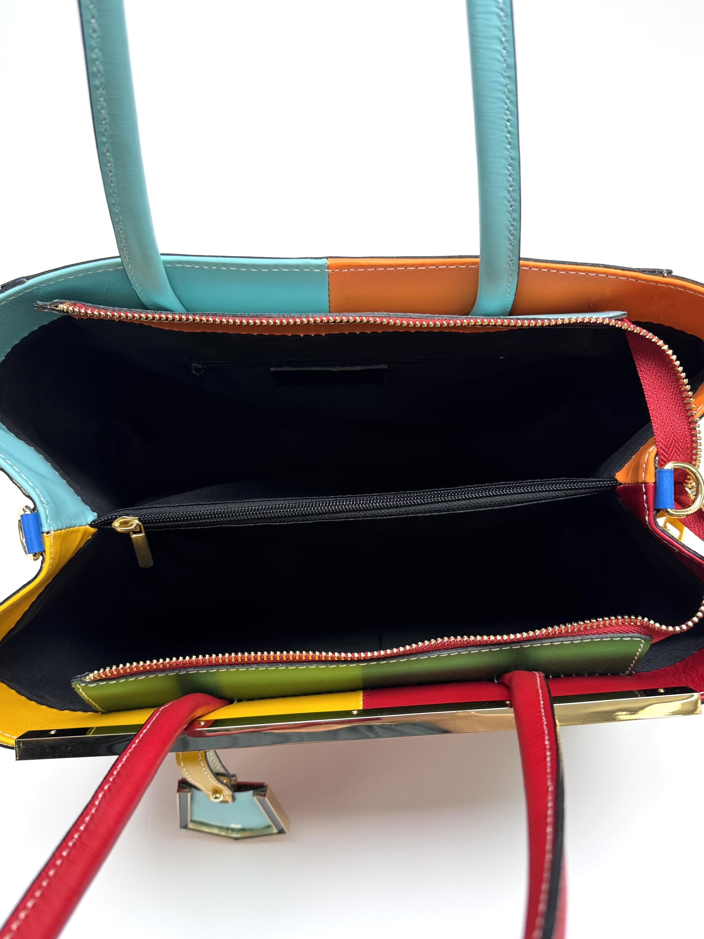 Borsa donna in vera  pelle CHIAROSCURO mod. HANA, base rosso, colore MULTICOLORE / ESTIVO,  Made in Italy