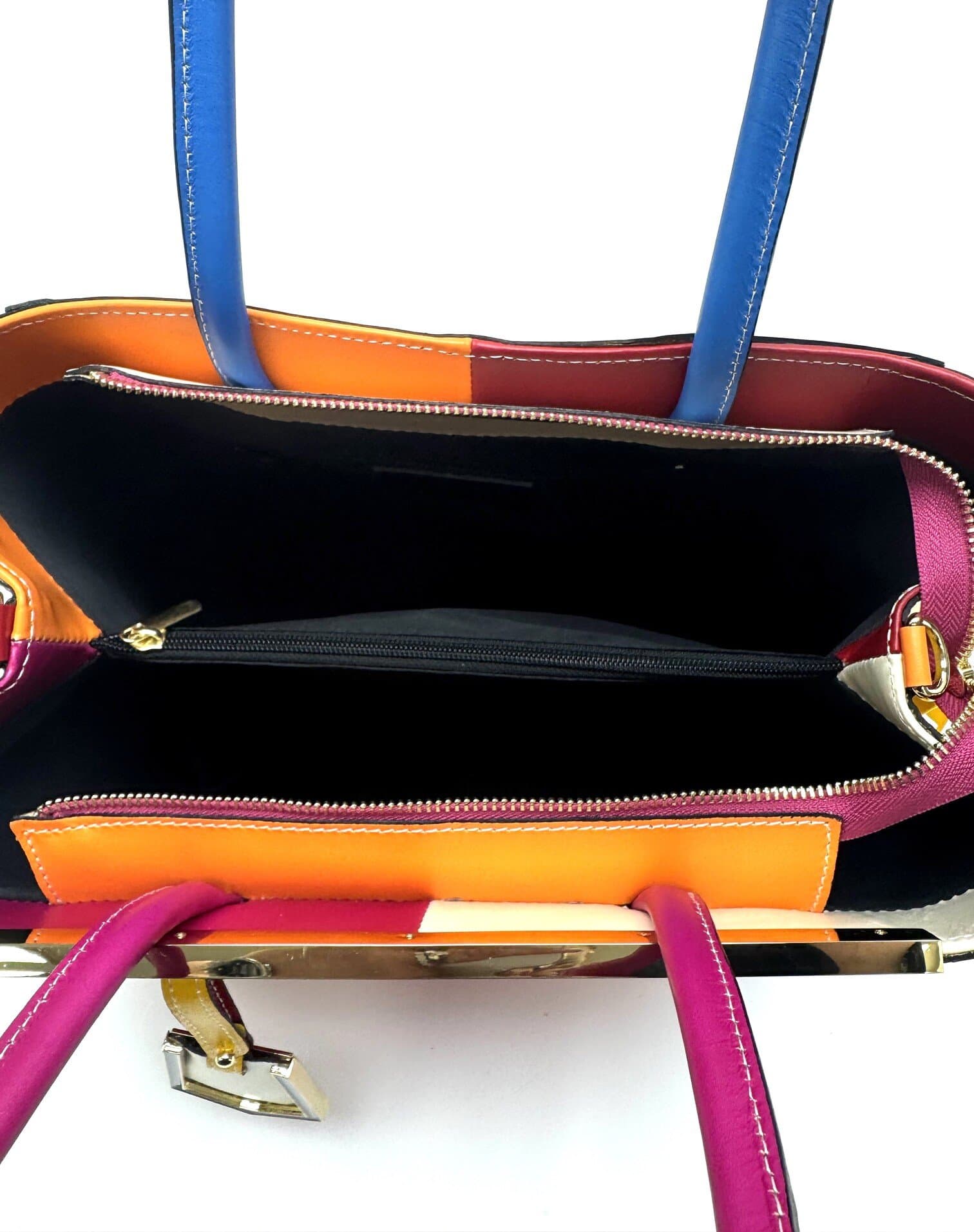 Borsa donna in vera pelle, CHIAROSCURO mod. HANA, base fucsia, colore MULTICOLORE / ESTIVO, Made in Italy
