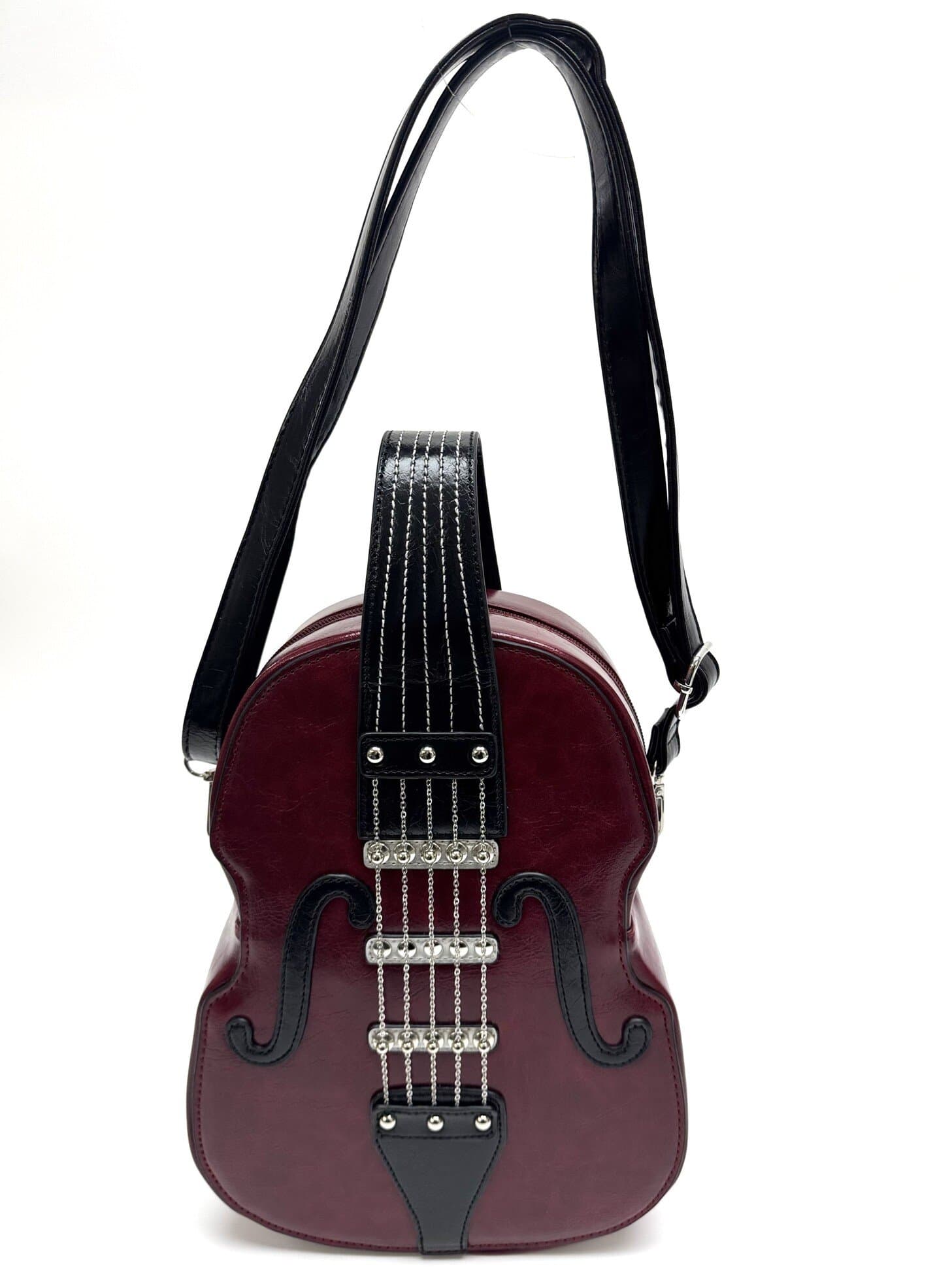 Borsa Violin Luthia con tracolla, Cosplay Steampunk, in ecopelle, forma violino, colore bordeaux, ARIANNA DINI DESIGN