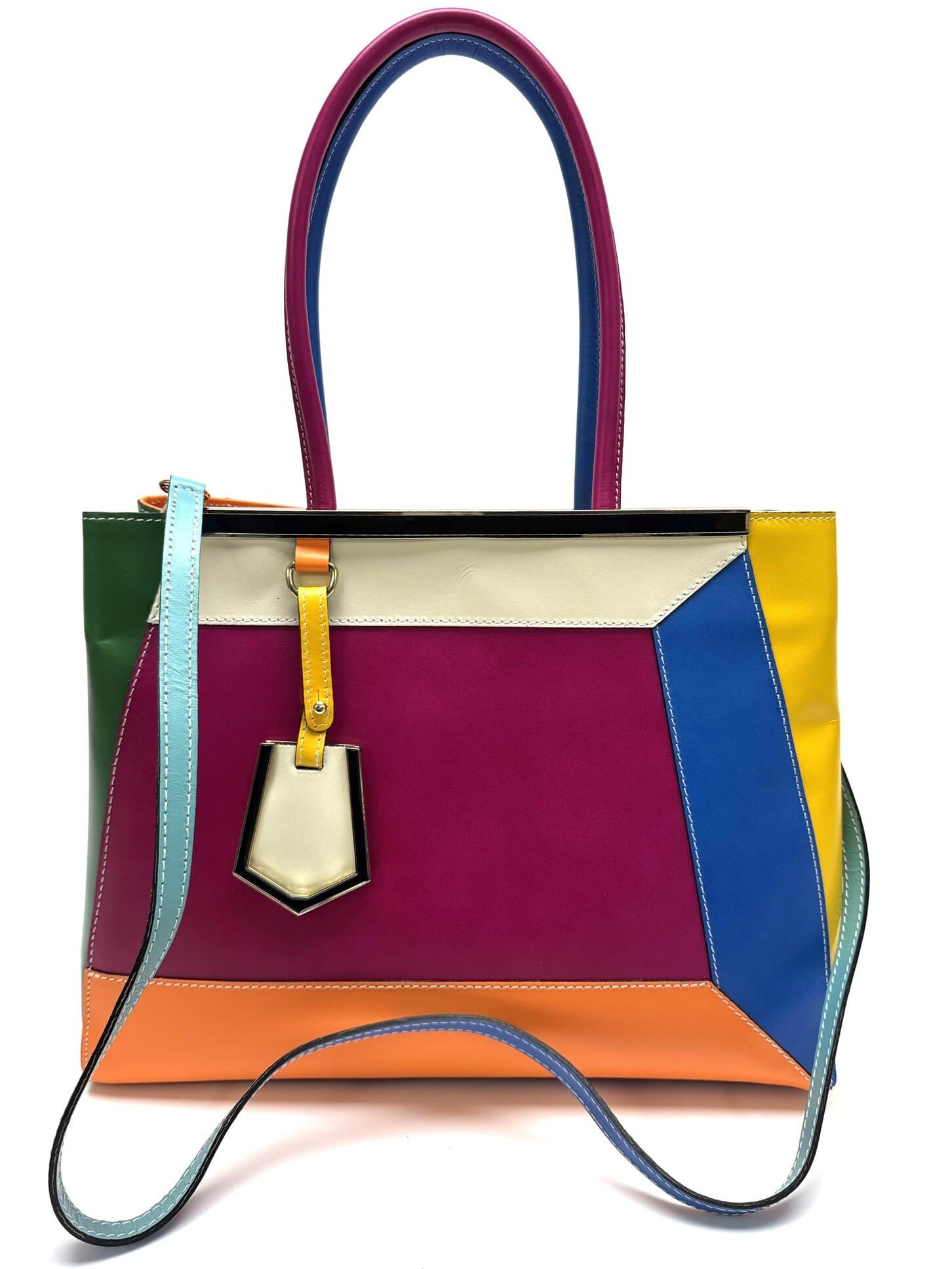 Borsa donna in vera pelle, CHIAROSCURO mod. HANA, base fucsia, colore MULTICOLORE / ESTIVO, Made in Italy