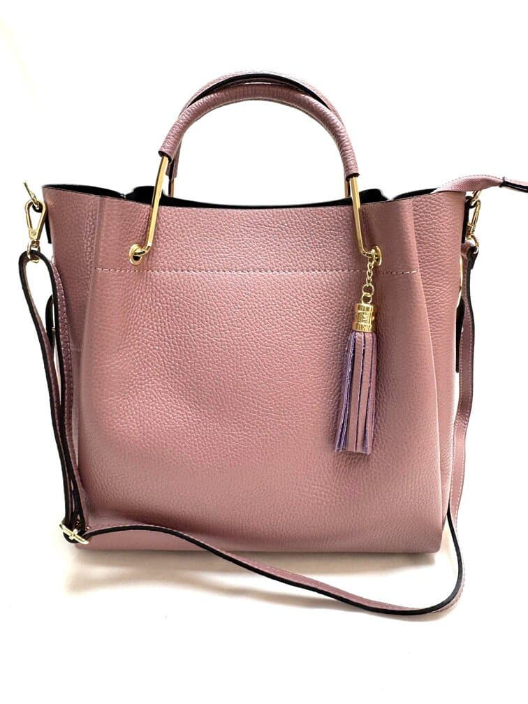 Borsa donna KAROLINA a spalla in vera pelle rigida, colore ROSA ANTICO, CHIAROSCURO, Made in Italy