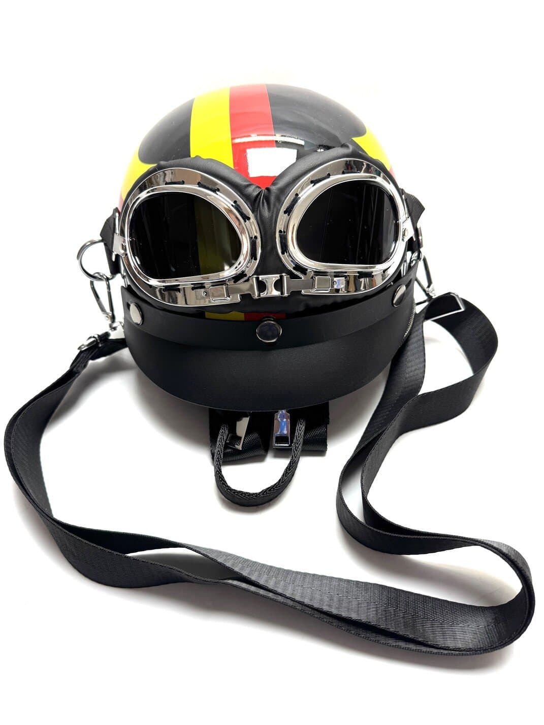 Borsa zaino Eros casco con tracolla, Cosplay Steampunk, ecopelle, colore bandiera tedesca, ARIANNA DINI DESIGN