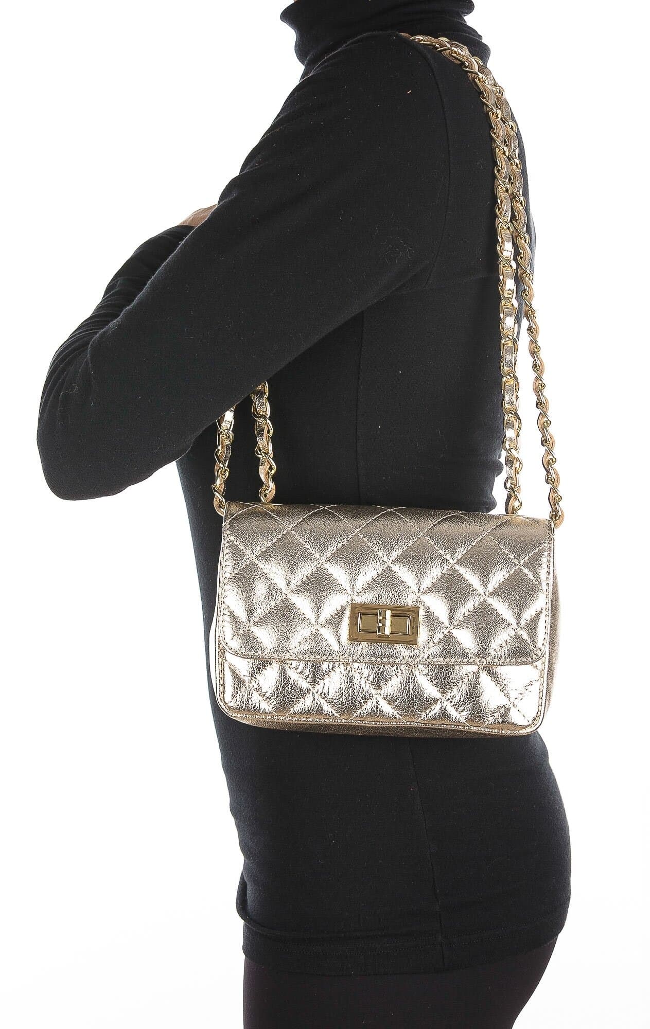 Borsa a spalla da donna in vera pelle CHARLOTTE MINI, colore  ORO METALLIZATO, CHIAROSCURO, Made in Italy