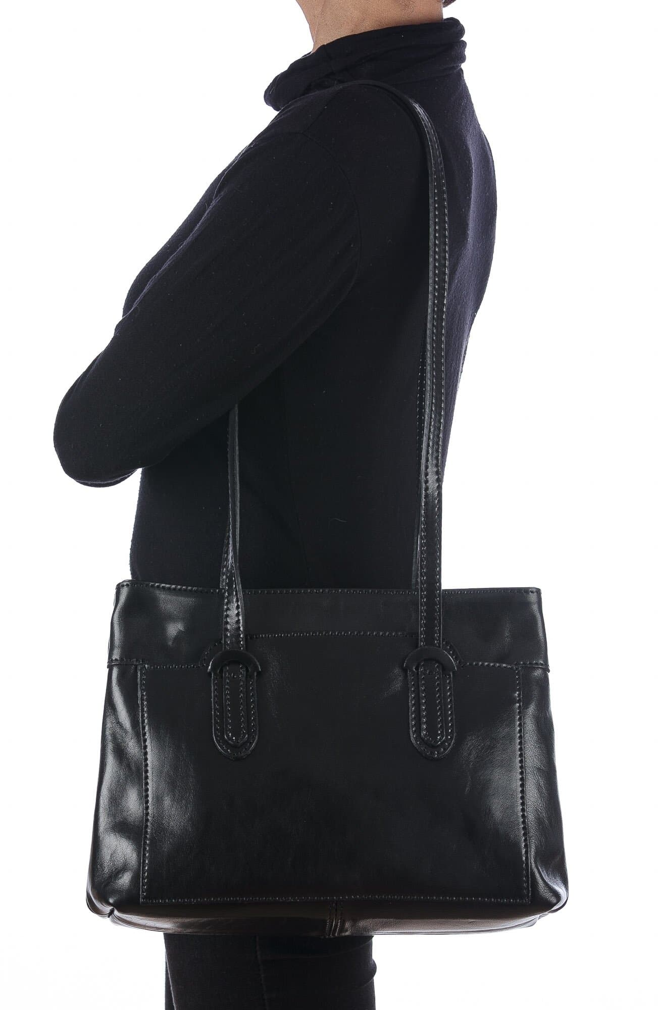 Borsa a spalla da donna in vera pelle MINA SMALL, colore NERO, CHIAROSCURO, MADE IN ITALY