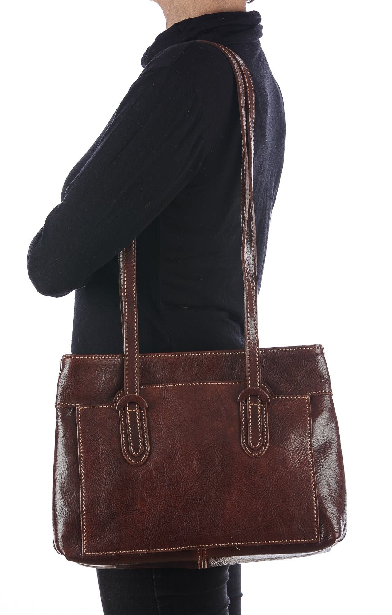 Borsa a spalla da donna in vera pelle MINA SMALL, colore TESTA DI MORO, CHIAROSCURO, MADE IN ITALY