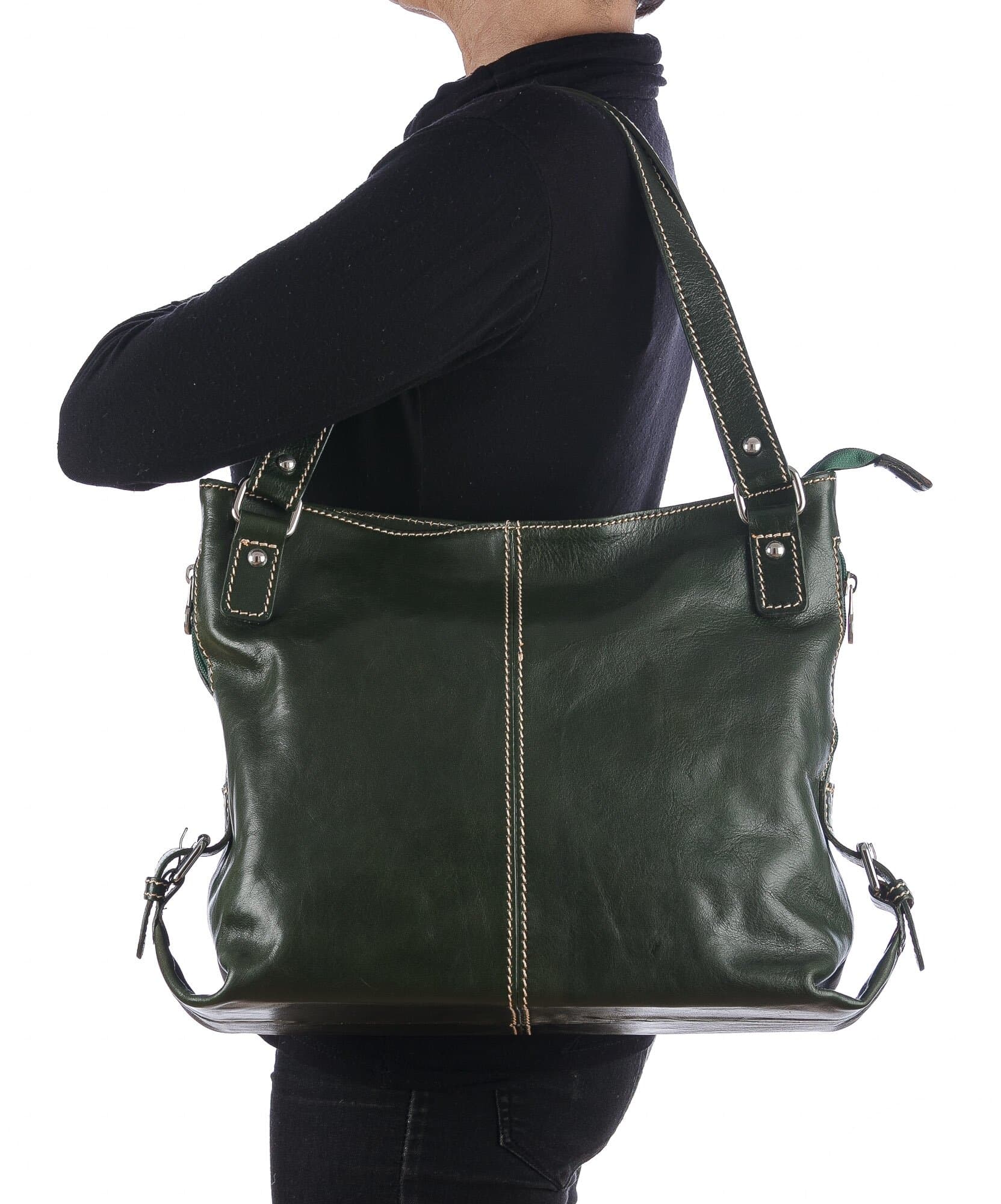 Borsa a spalla da donna in vera pelle ANTONELLA, colore VERDE, CHIAROSCURO, MADE IN ITALY