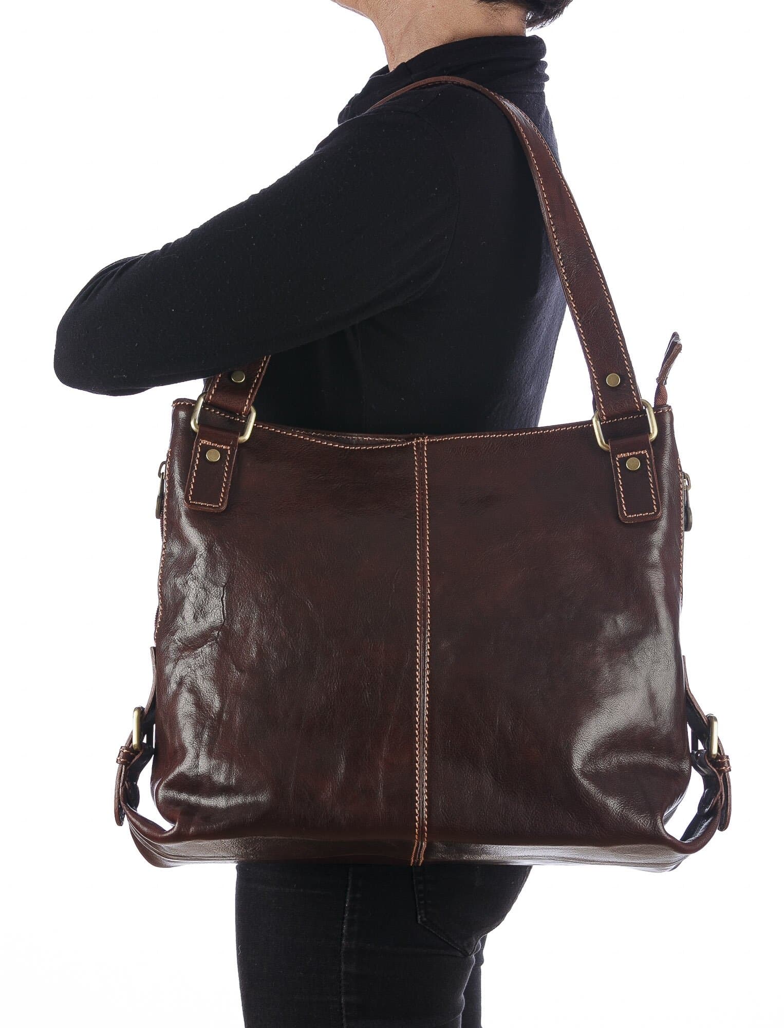  Borsa a spalla da donna in vera pelle ANTONELLA, colore TESTA DI MORO, CHIAROSCURO, Made in Italy