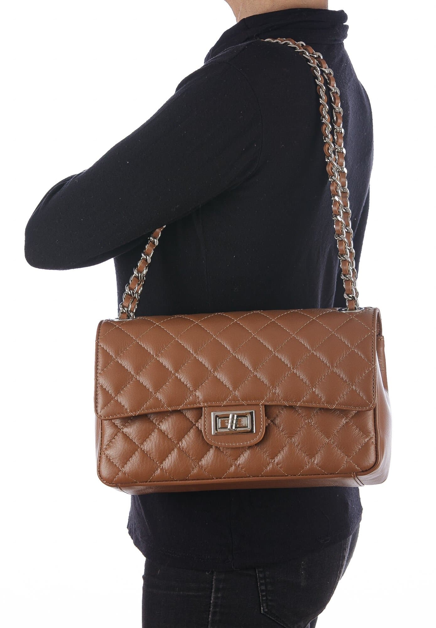 Borsa a spalla da donna in vera pelle CHARLOTTE MEDIUM, colore MIELE, CHIAROSCURO, MADE IN ITALY