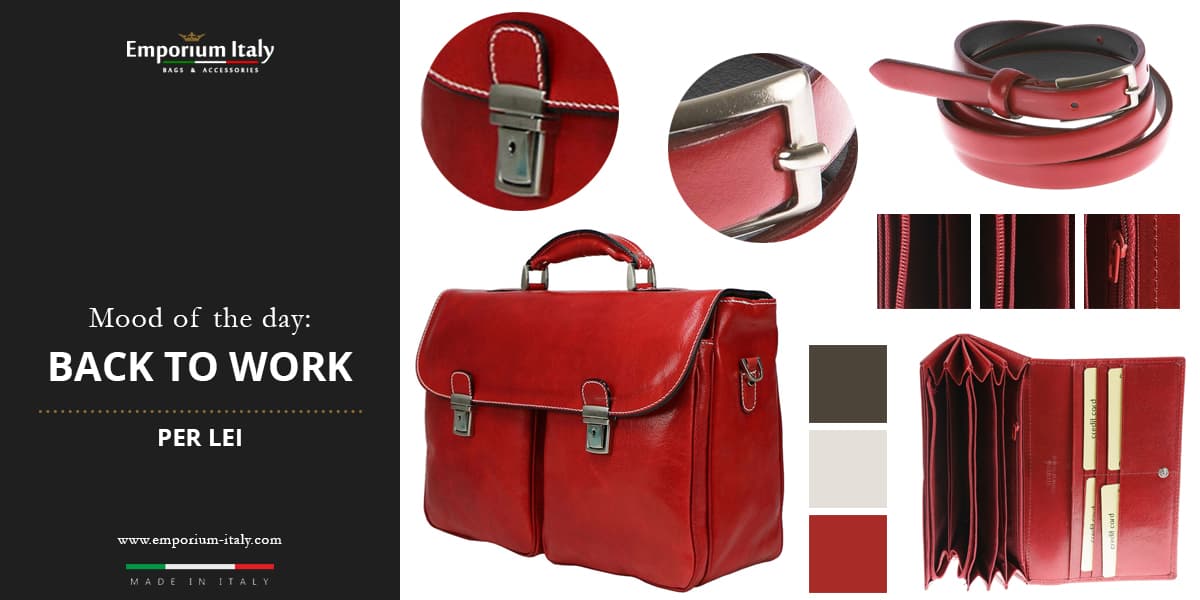 Moodboard - Back to work: cartella ufficio, portafoglio e cintura in vera pelle in rosso