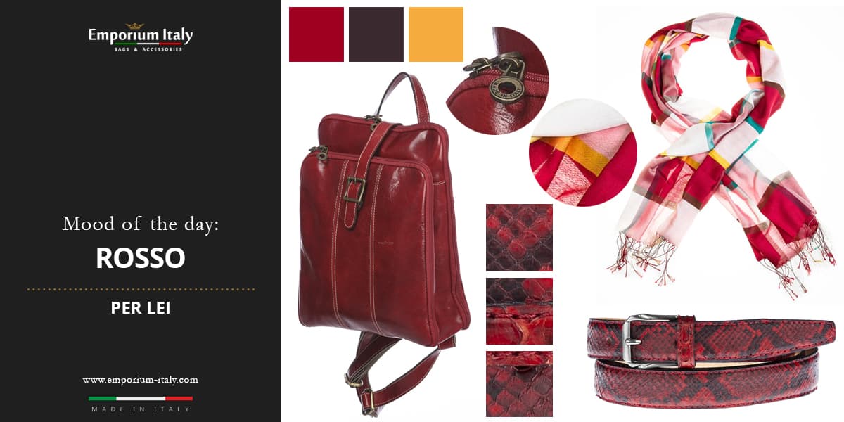 Moodboard: colore rosso per lei - borsa zaino, sciarpa e cintura