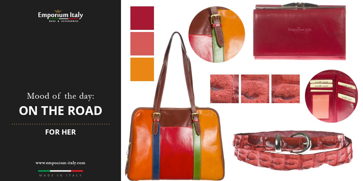 Moodboard: On the road for her. Genuine leather bag, belt and wallet