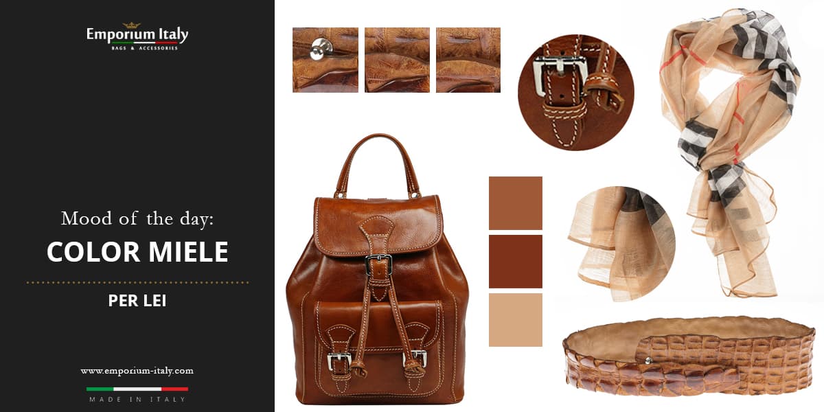Moodboard: colore miele per lei -  Borsa zaino, cintura e foulard