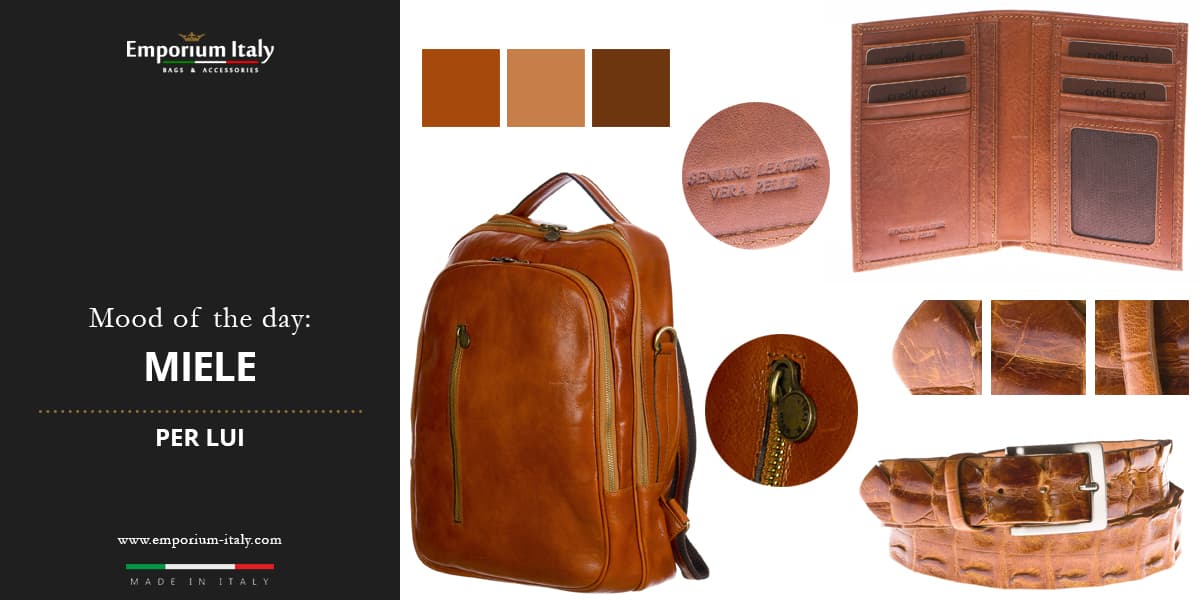 Moodboard: colore miele per lui - zaino, portafoglio e cintura