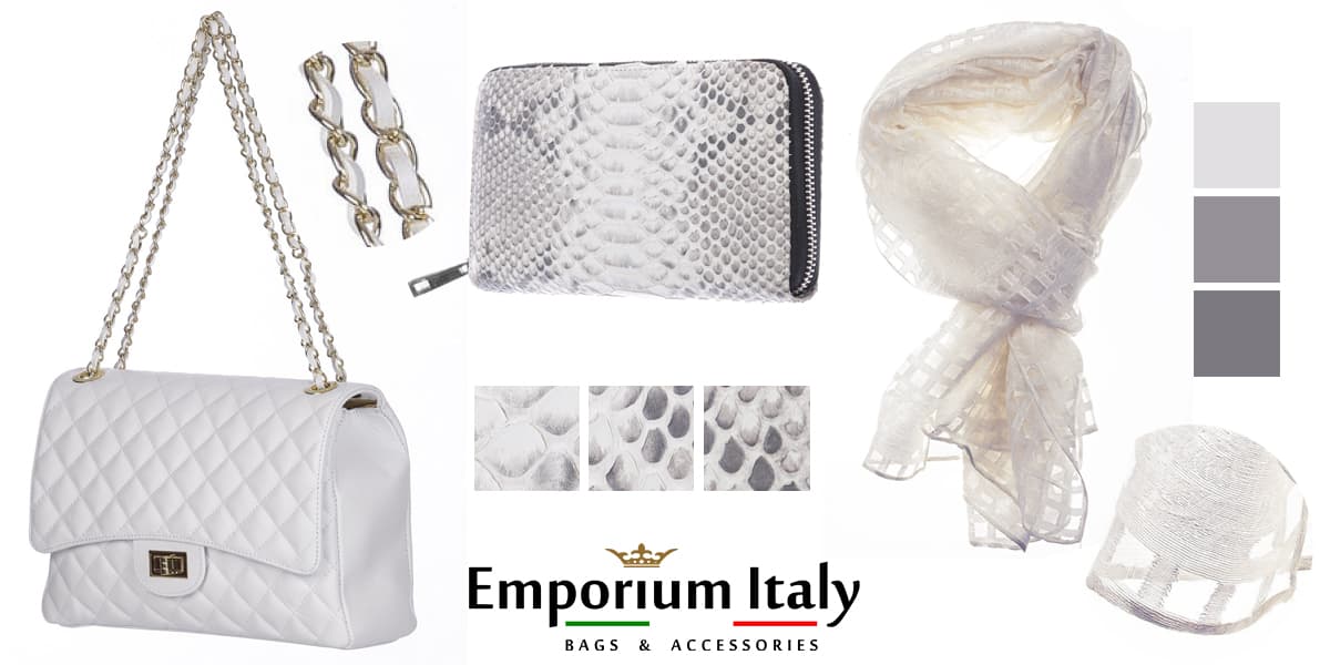 Moodboard: Bianco neve - Borsa a spalla, portafoglio in pitone e foulard