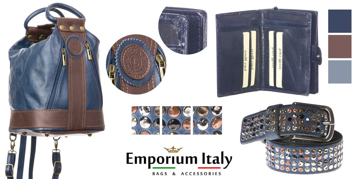 Moodboard: Gita in blu - Borsa zaino, portafoglio e cintura in pelle 