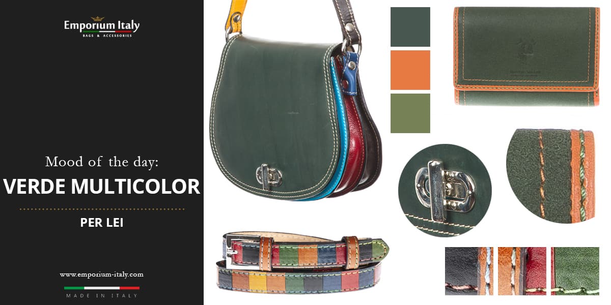 Moodboard: colore verde multicolor per lei - borsa, portafoglio e cintura