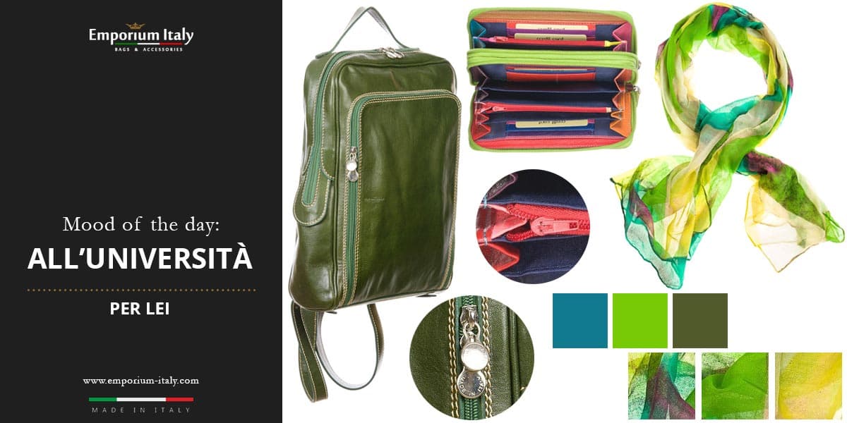 Moodboard: all'università per lei - zaino, portafoglio e sciarpa