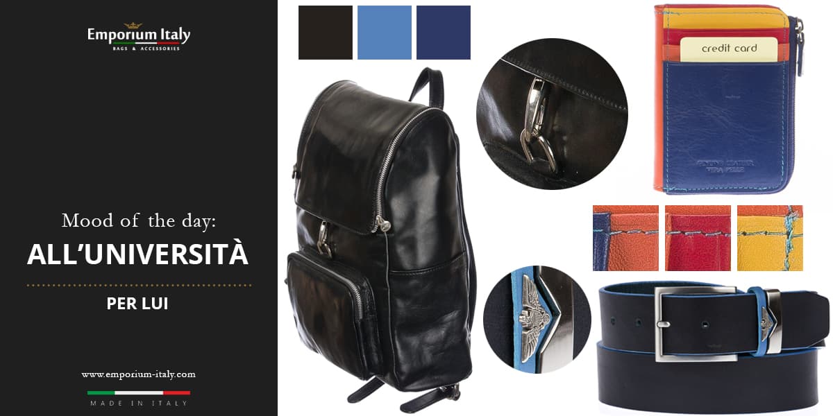 Moodboard: all'università per lui - zaino, portatessere e cintura
