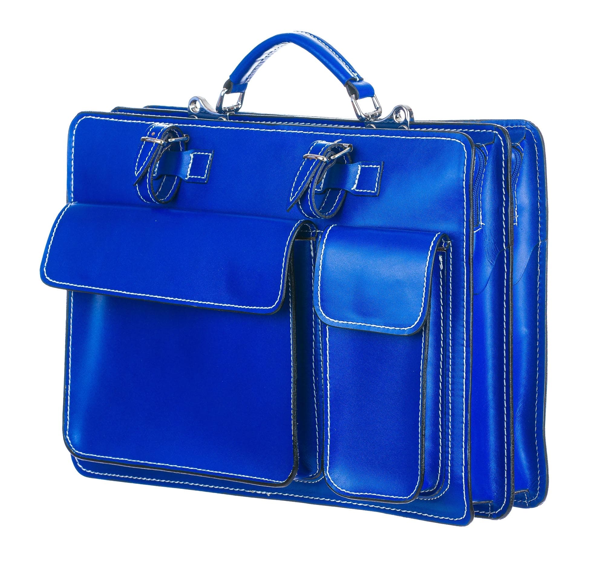 Cartella ufficio / lavoro in vera pelle CHIAROSCURO mod. ALEX maxi, colore CELESTE, tracolla regolabile, Made in Italy, adatta a computer Pc portatile 13/14 pollici, brochure grandi, cartelle e fogli formato A4