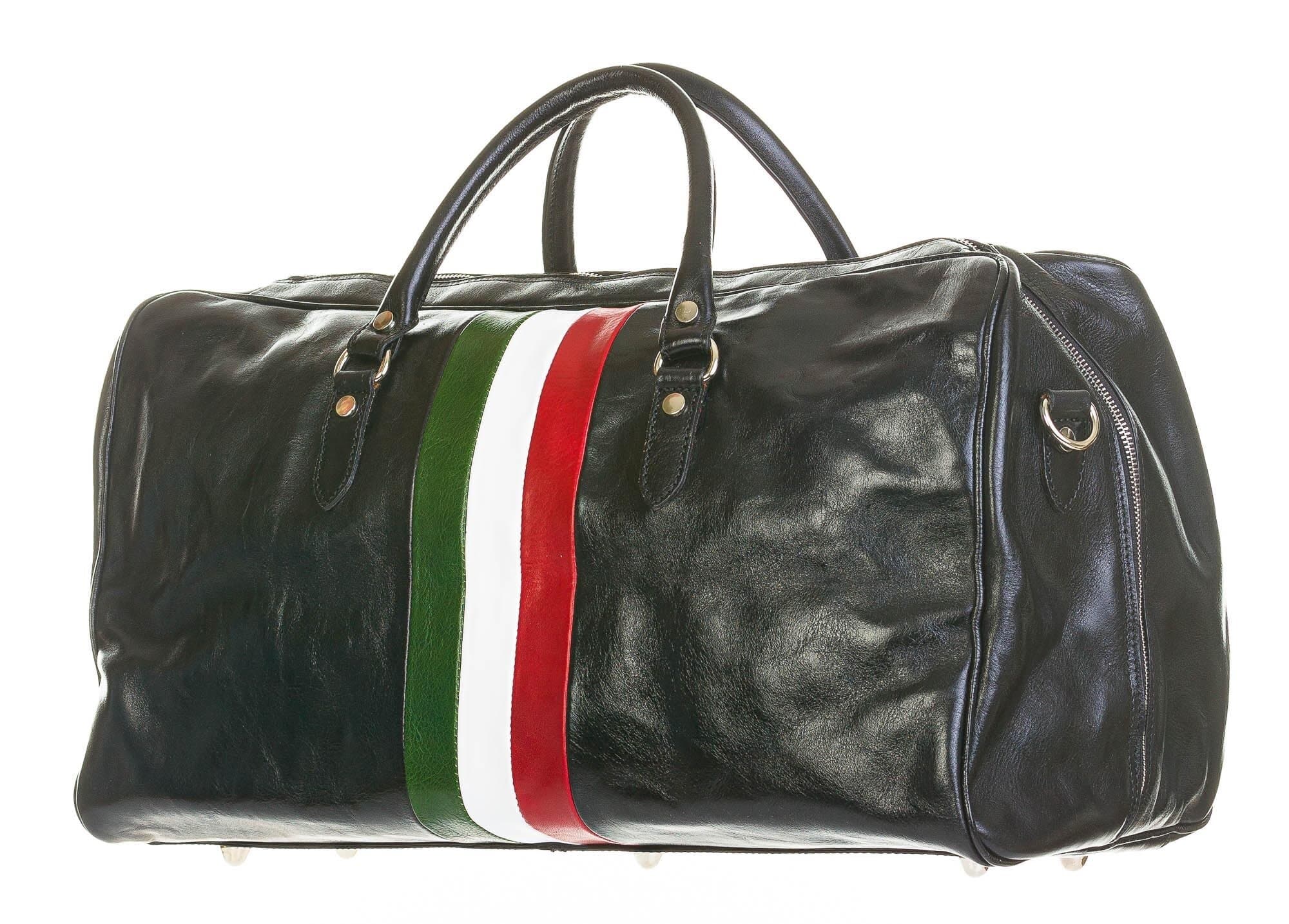 Borsone da viaggio in vero cuoio COMO MAXI, colore NERO, TRICOLORE BANDIERA ITALIANA, CHIAROSCURO, Made in Italy
