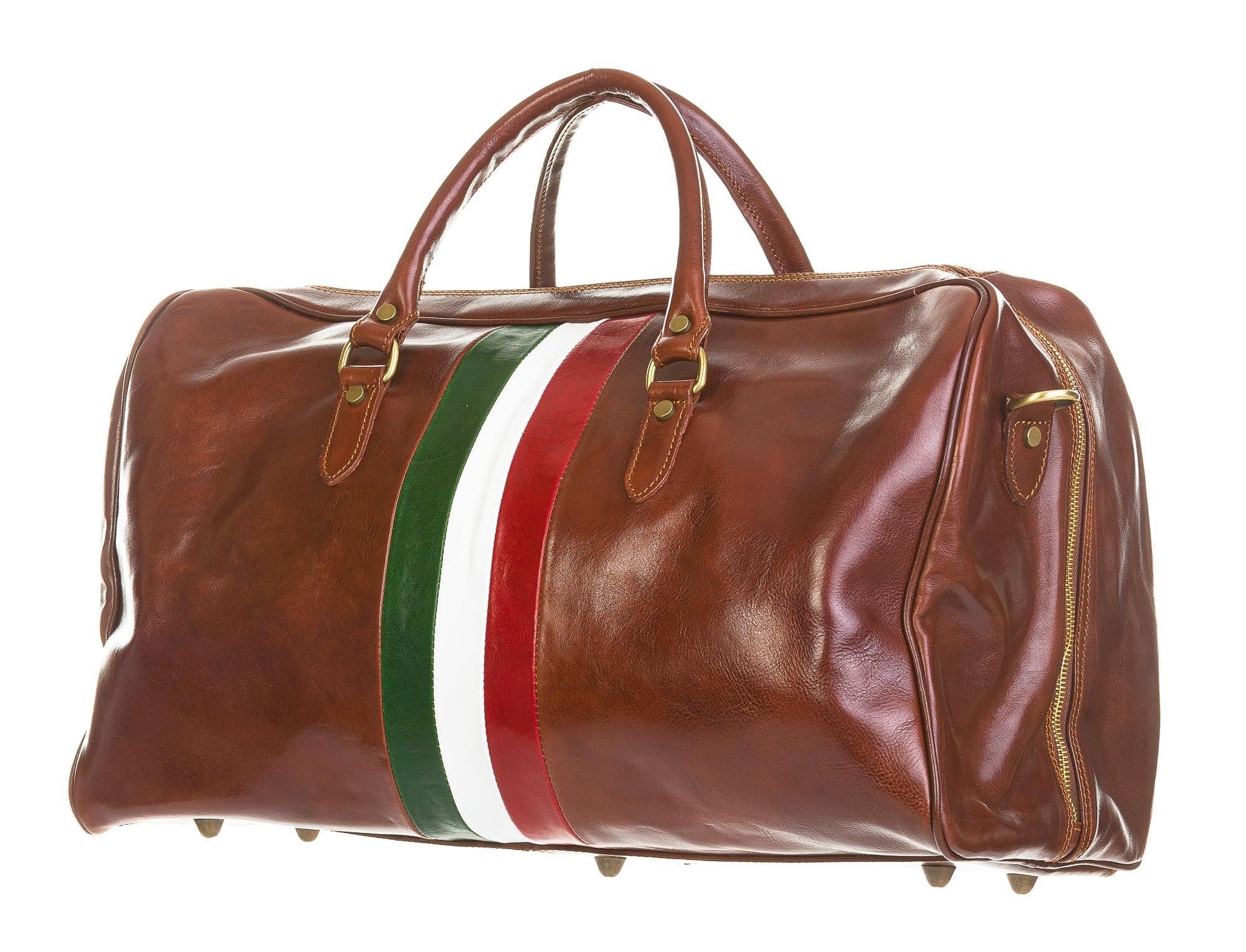 Borsone da viaggio in vero cuoio COMO MAXI, colore MARRONE, TRICOLORE BANDIERA ITALIANA, CHIAROSCURO, Made in Italy