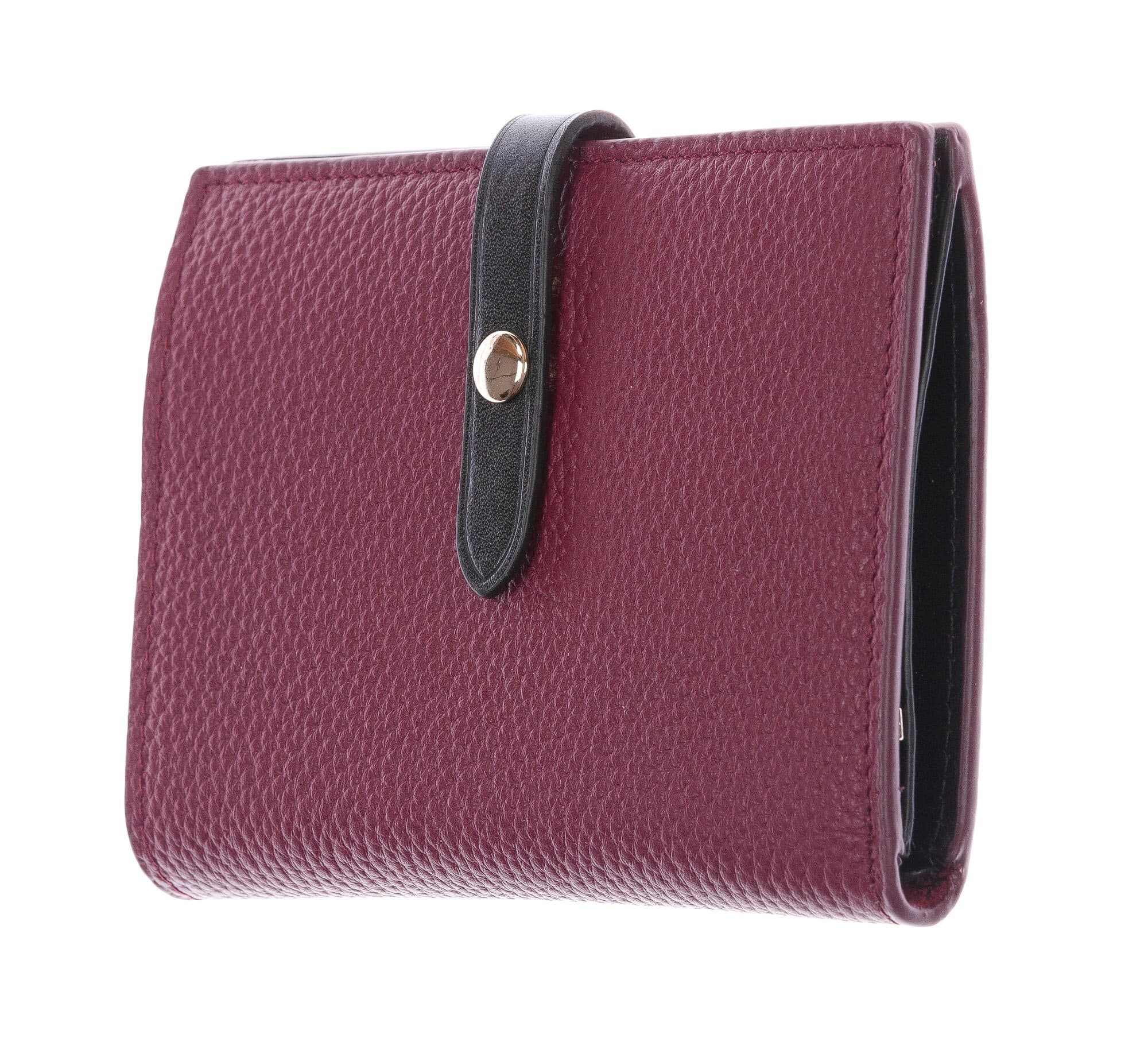 ABELIA MINI : portafoglio donna, pelle morbida, super sottile, colore : PRUGNA / NERO, Made in Italy (Portafoglio