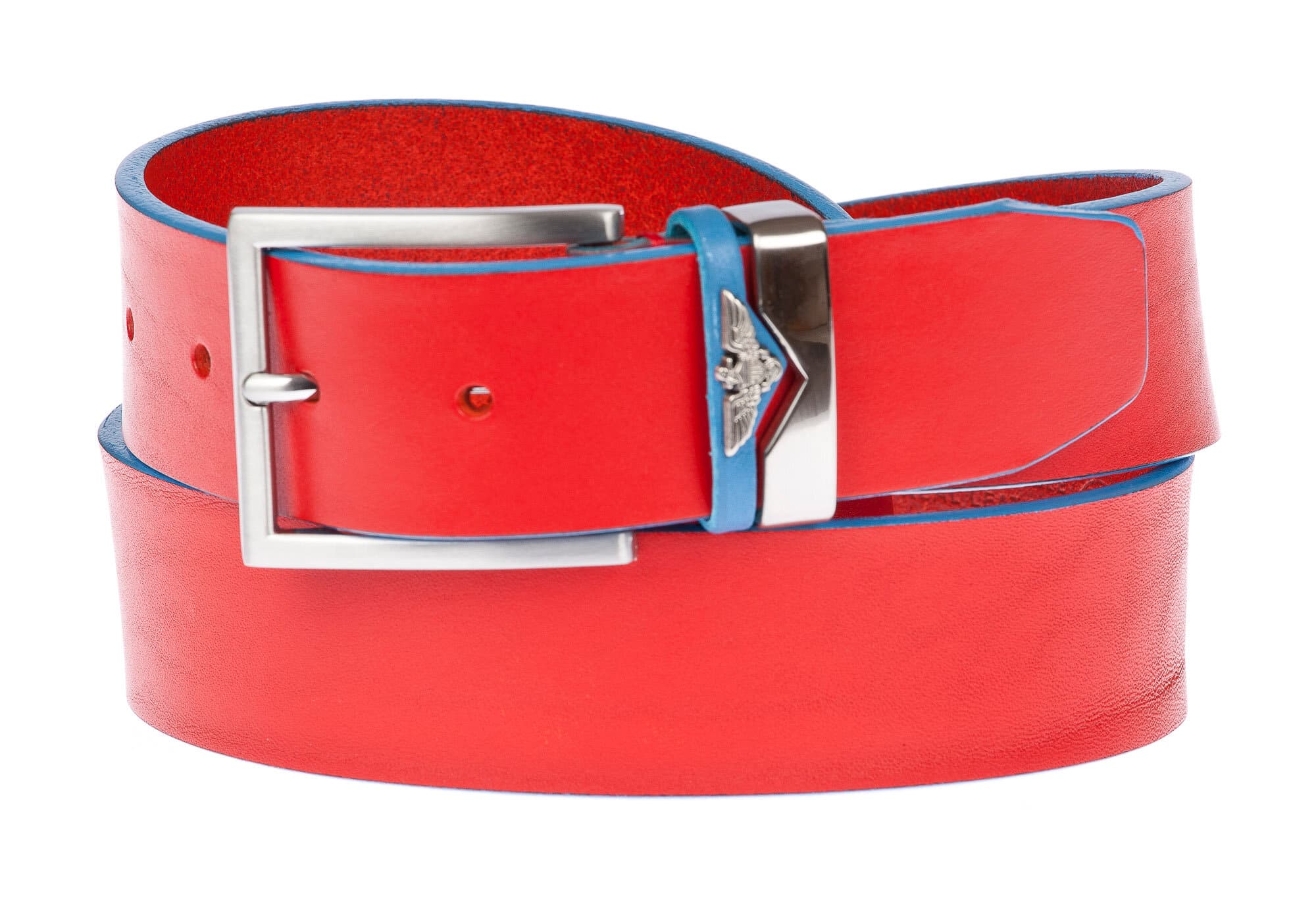 PORDENONE: cintura uomo in cuoio, bordo azzurro, colore: ROSSO, Made in Italy