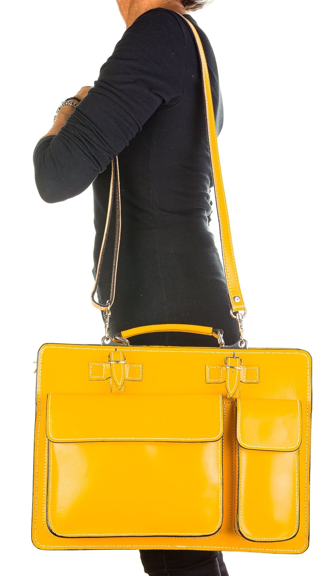 Borsa in vera pelle CHIAROSCURO mod. ALEX maxi colore GIALLO Made in Italy adatta a computer Pc portatile 13/14 pollici, brochure grandi, cartelle e fogli formato A4