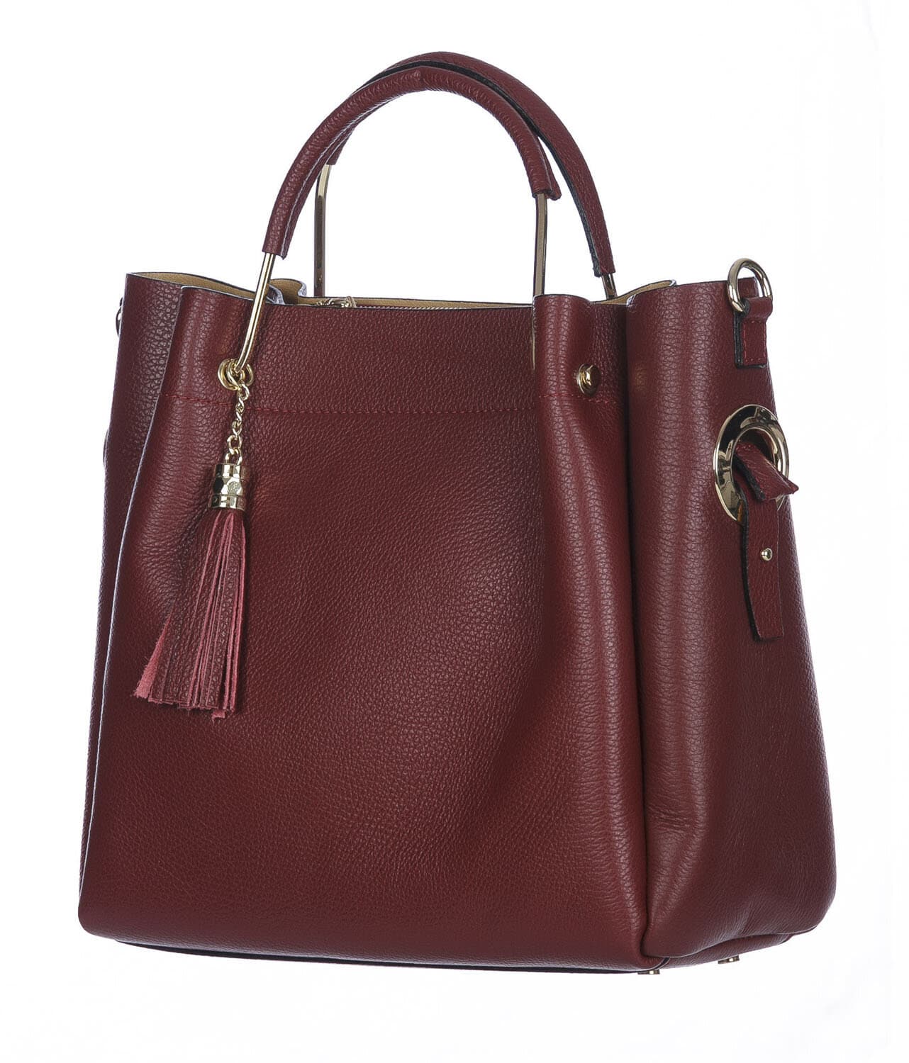 Borsa donna KAROLINA a spalla in vera pelle rigida, colore BORDEAUX, CHIARO SCURO, Made in Italy