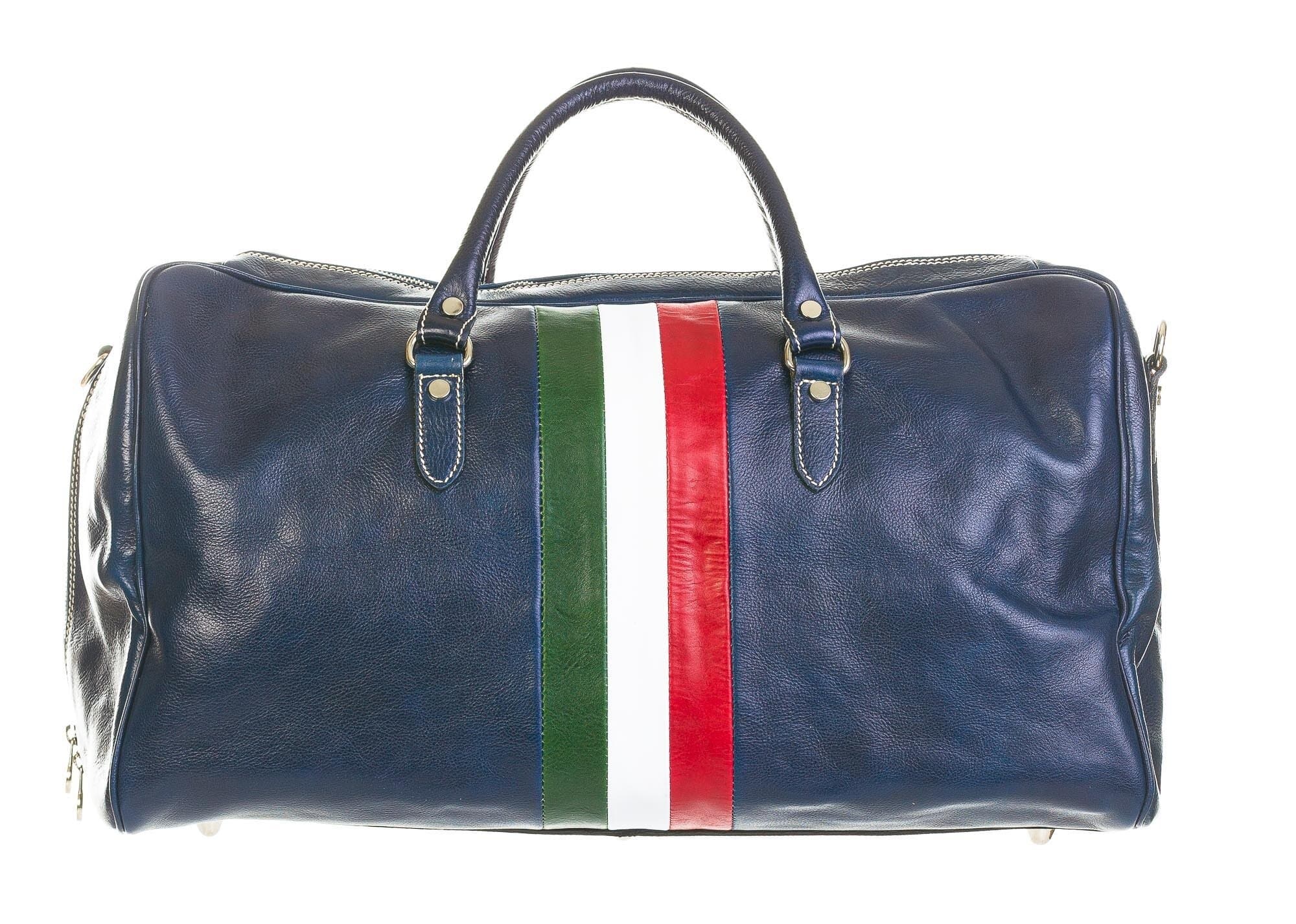Borsone da viaggio in vero cuoio COMO MEDIO, colore BLU, TRICOLORE BANDIERA ITALIANA, CHIAROSCURO, Made in Italy
