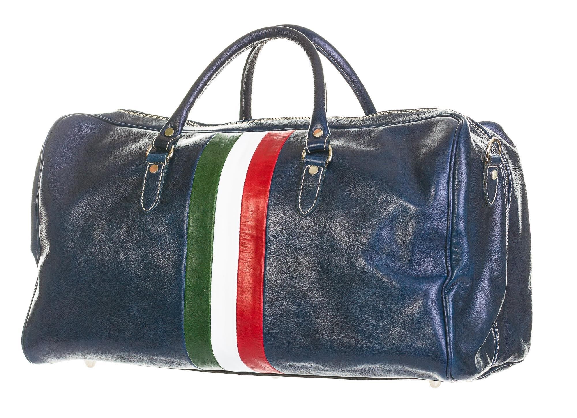 Borsone da viaggio in vero cuoio COMO MAXI, colore BLU, TRICOLORE BANDIERA ITALIANA, CHIAROSCURO, Made in Italy