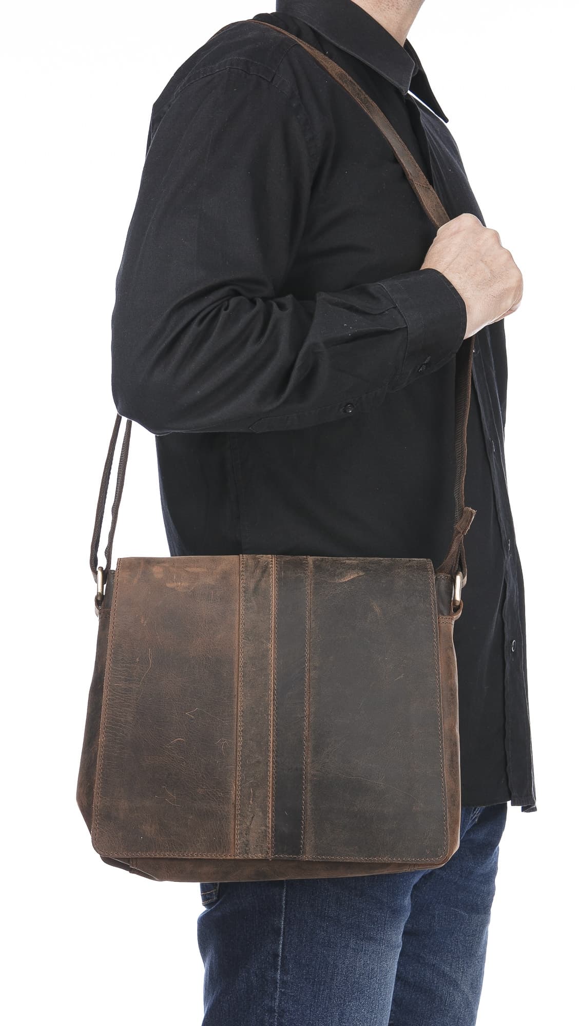 Borsa a tracolla da uomo in vera pelle nabuk NOAH, colore MARRONE, CHIAROSCURO, MADE IN ITALY