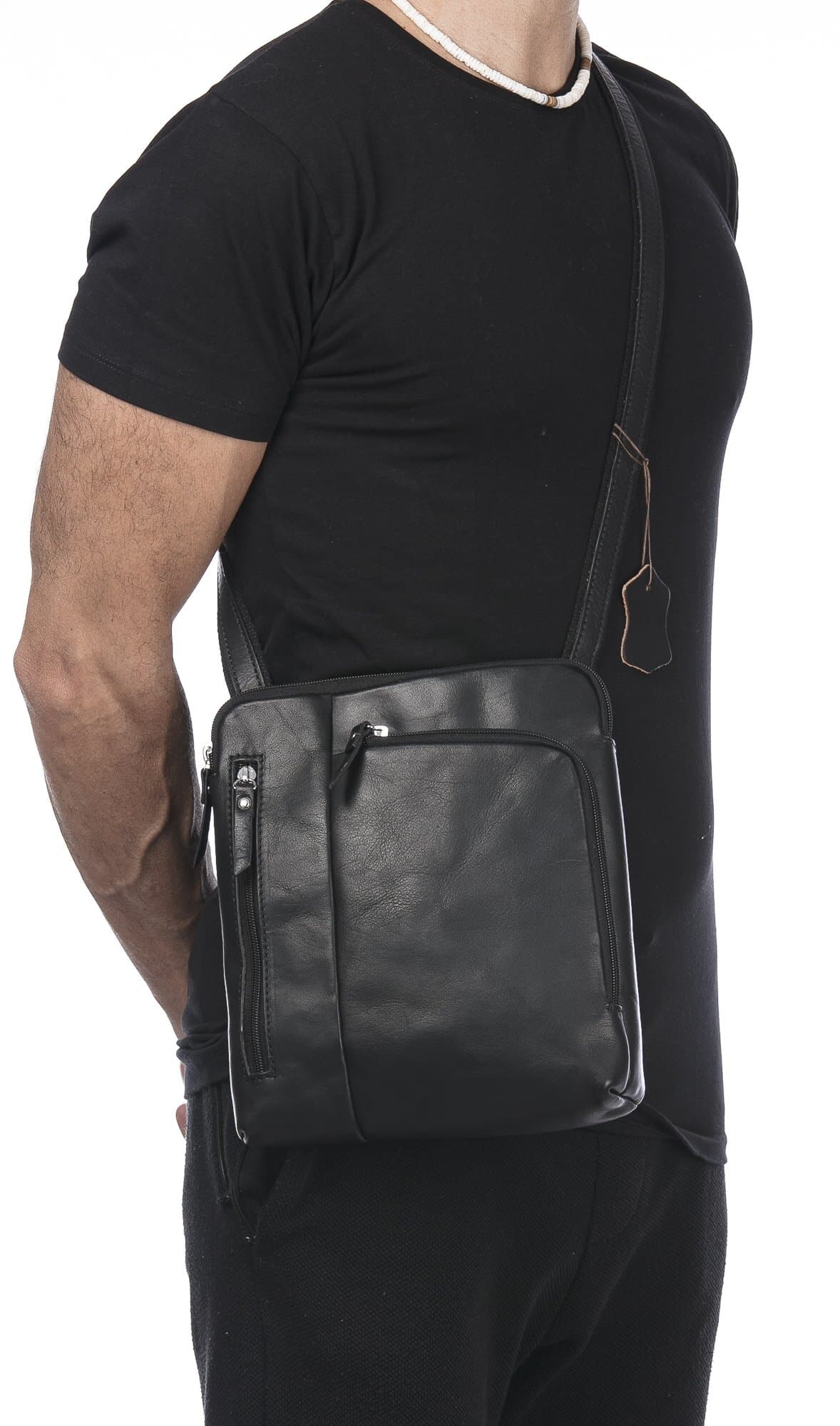 Tracolla uomo in vera pelle FLAVIO, colore NERO, SANTINI, MADE IN ITALY
