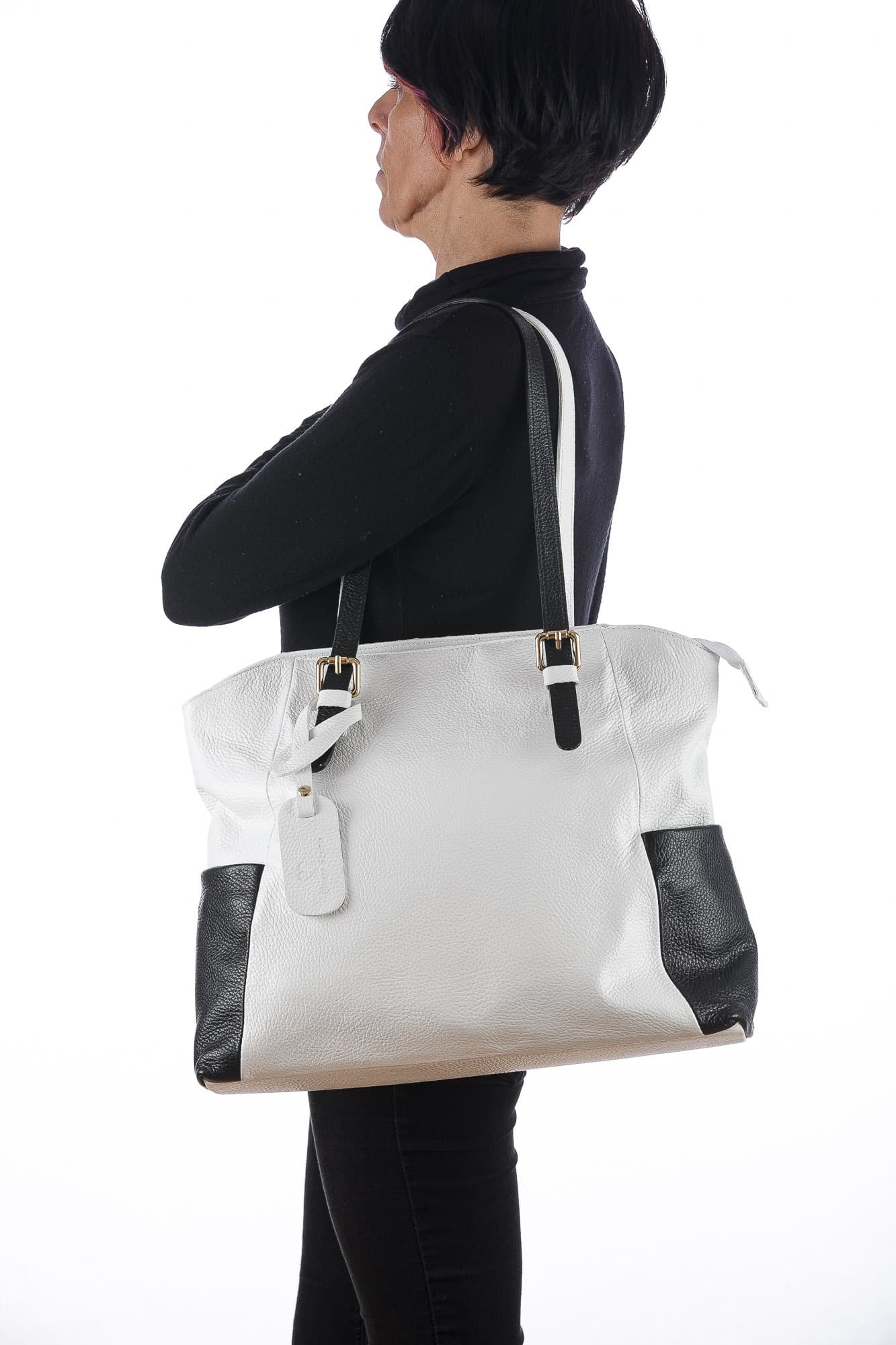 Borsa a spalla da donna in vera pelle CLERY, colore BIANCO/NERO, CHIARO SCURO, MADE IN ITALY