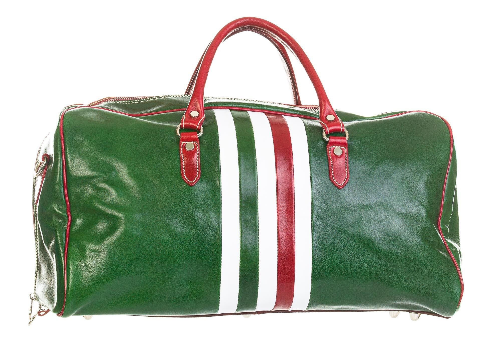 Borsa da viaggio uomo / donna in vera pelle, bandiera tricolore Italiana, CHIAROSCURO mod. TIMAVO SMALL, colore VERDE, Made in Italy.