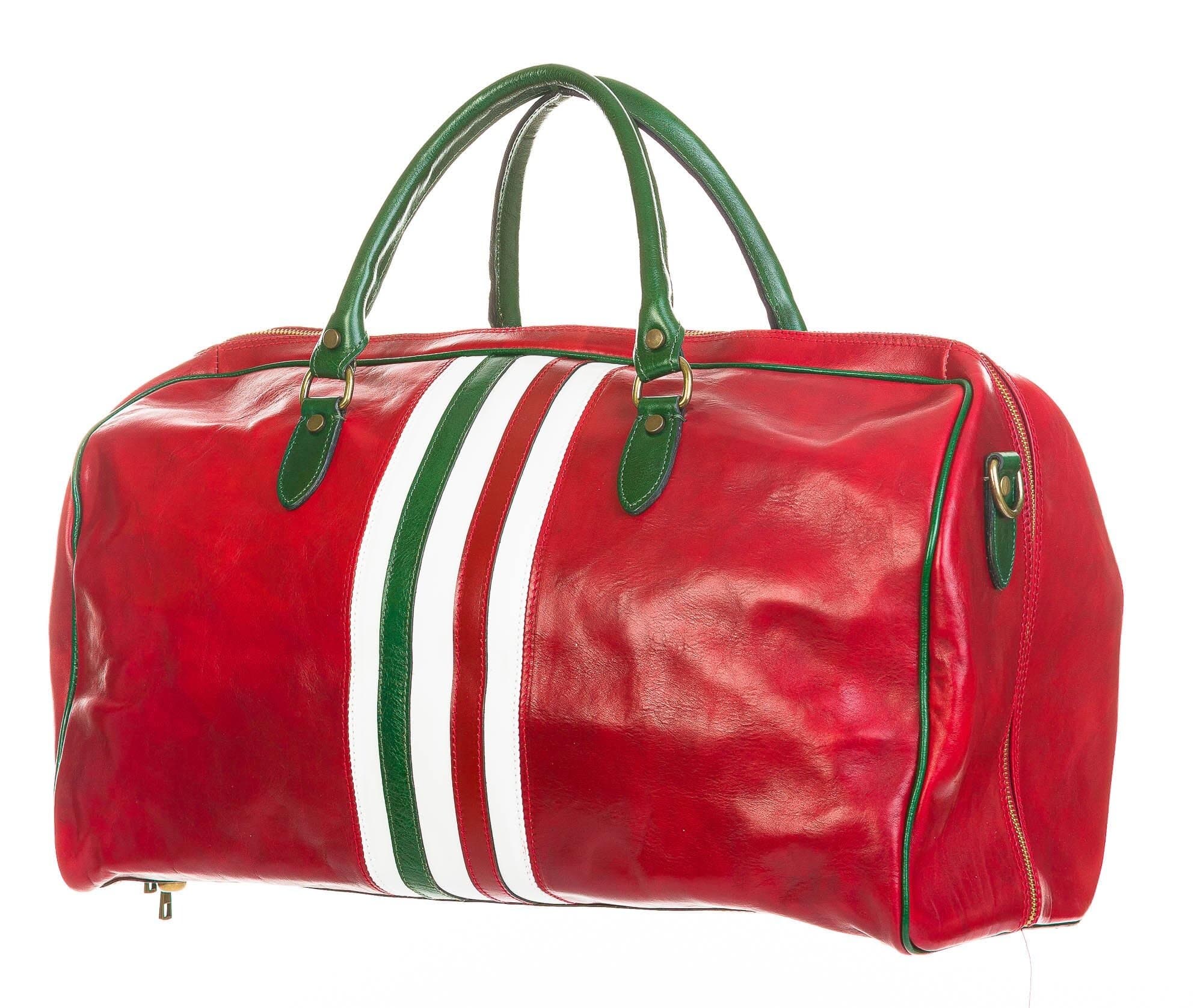 Borsa da viaggio uomo / donna in vera pelle, bandiera tricolore Italiana CHIAROSCURO mod. TIMAVO SMALL, colore ROSSO, Made in Italy.