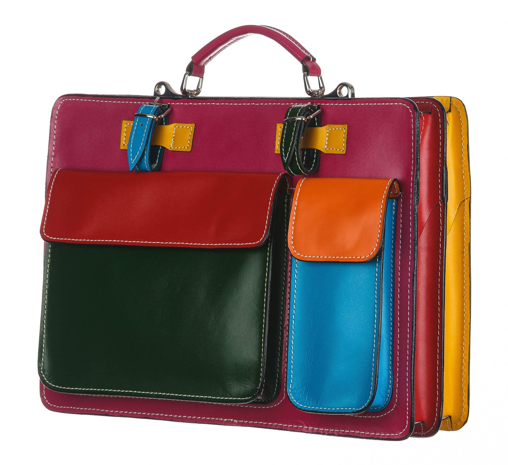 ELVI Maxi Summer: Office / work briefcase in genuine leather, MULTICOLOR fuchsia base, with shoulder strap, CHIAROSCURO, Made in Italy suitable for 13/14 inch laptop PC, large brochures, folders and A4 sheets