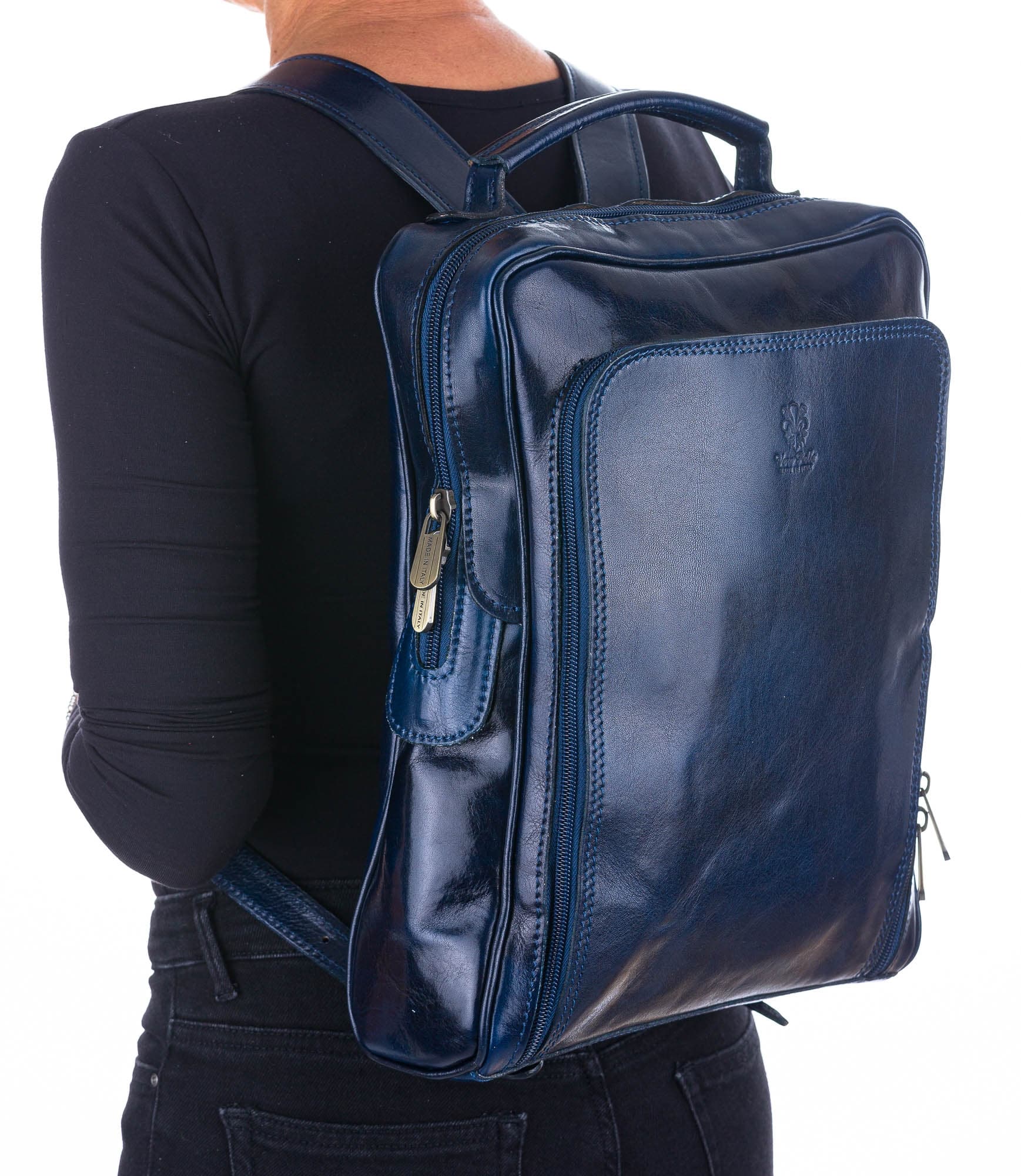 MONTE BIANCO : zaino uomo / donna, vero cuoio, colore BLU, Made in Italy.
