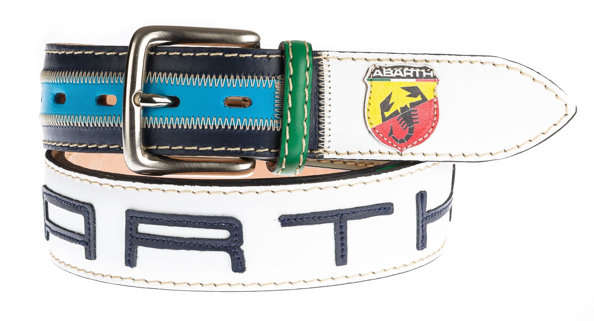Cintura uomo in vera pelle DUBAI, colore MULTICOLOR, con Fiat Abarth 595 cucite a mano in pelle, SANTINI, Made in Italy