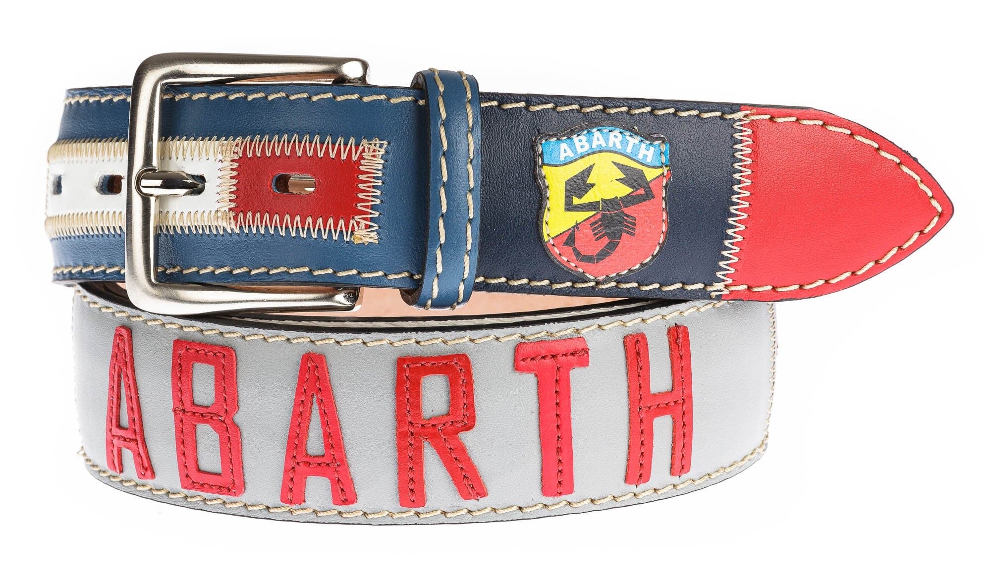 Cintura uomo in vera pelle DUBAI, colore MULTICOLOR, con Fiat Abarth 695 cucite a mano in pelle, SANTINI, Made in Italy