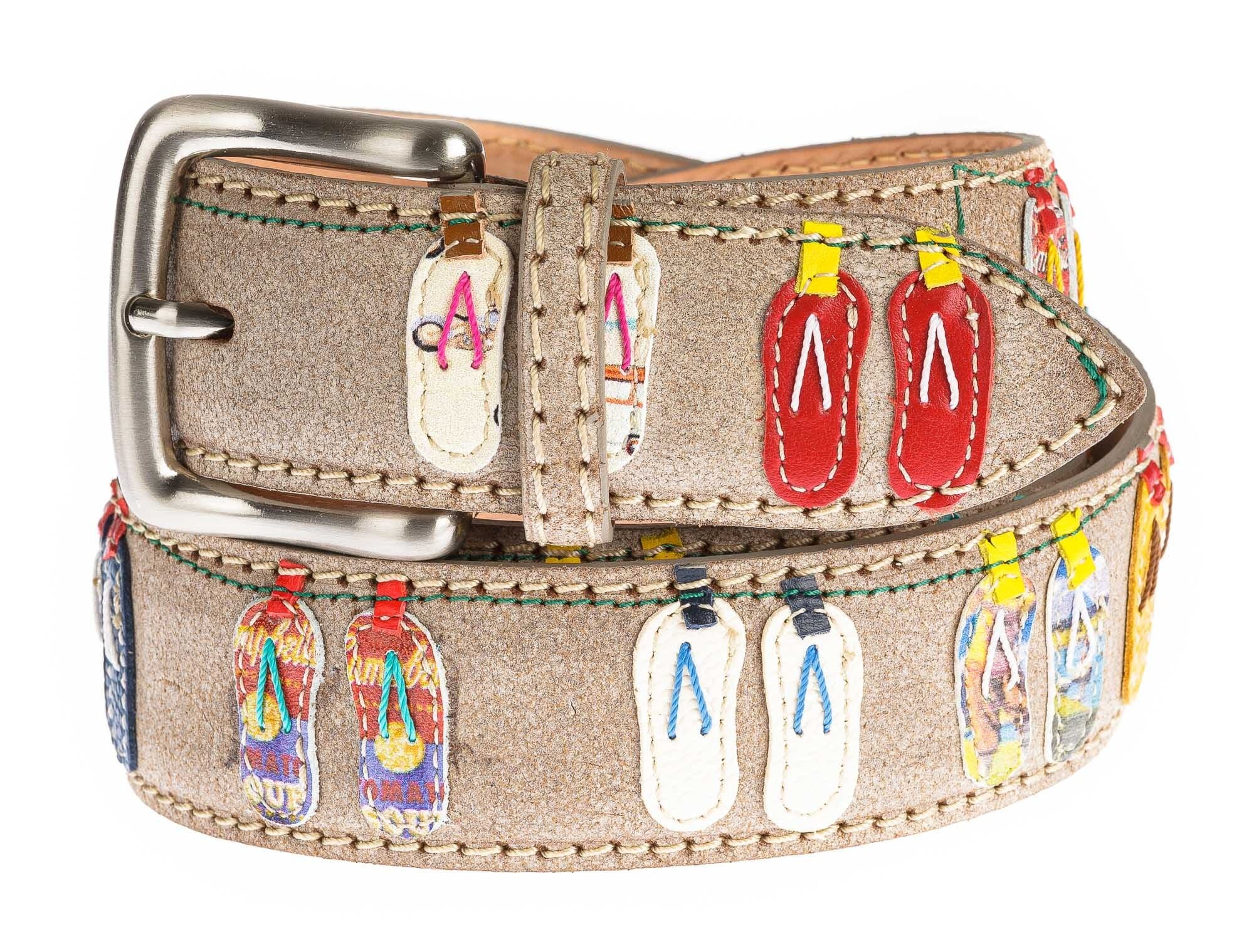 Cintura uomo in vera pelle HAITI, colore base BEIGE, con infradito cucite a mano in pelle, SANTINI, Made in Italy