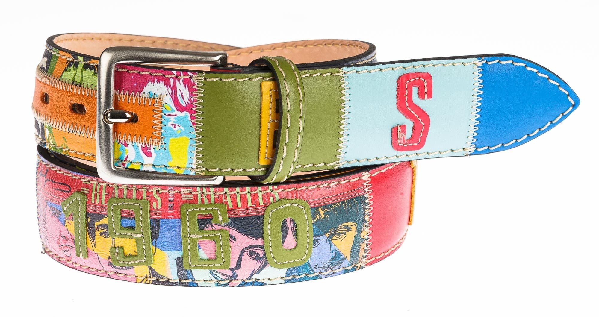 Cintura vintage uomo in vera pelle KINGSTON DISCO MUSIC, colore MULTICOLOR, anni '60 con dettagli musicali cuciti a mano in pelle, SANTINI, Made in Italy.