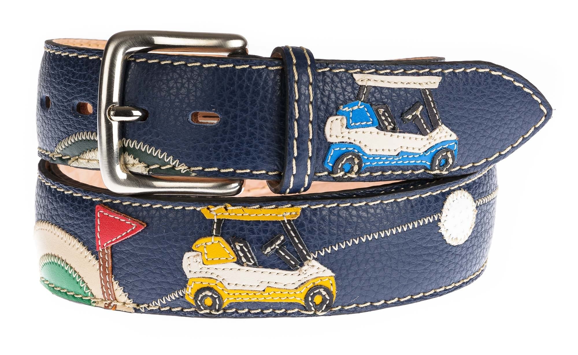 GOLF BELT: Винтажный мужской ремень, из кожи, цвет: СИНИЙ / МУЛЬТИКОЛОР, изготовлен в Италии.