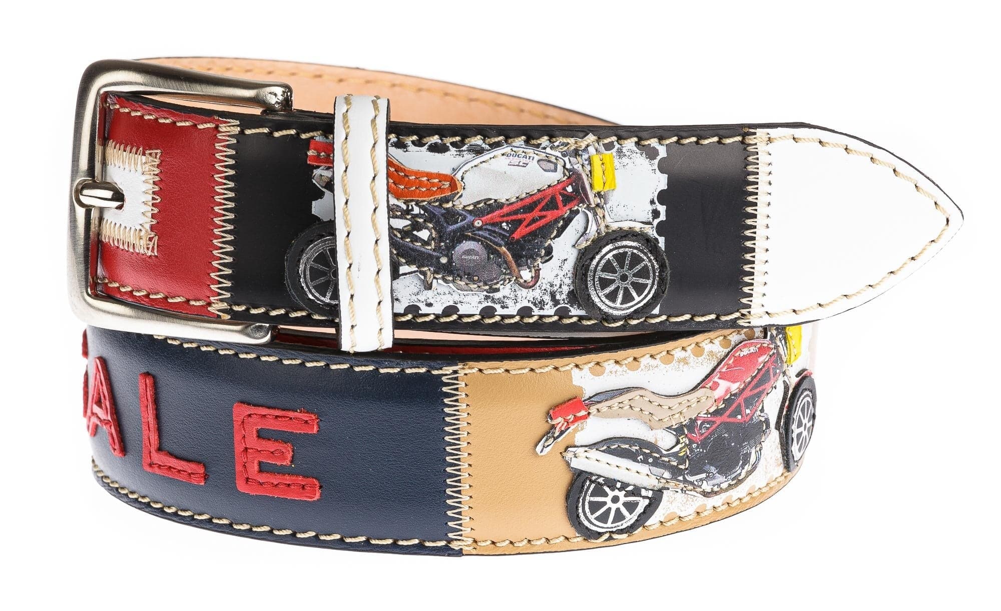IMOLA: cintura vintage uomo in cuoio, colore : MULTICOLOR, tema fantasia MOTO Made in Italy.