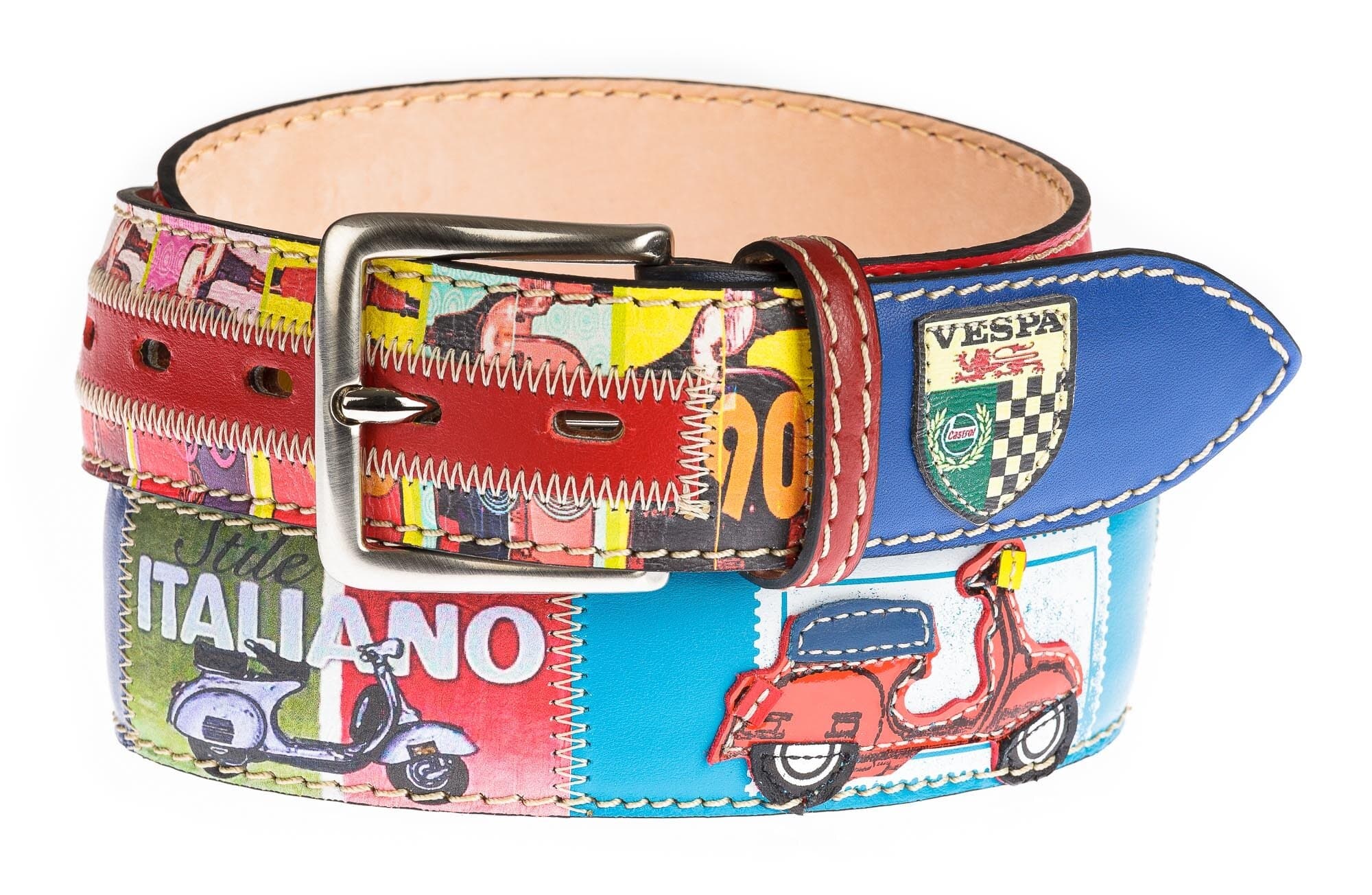 IMOLA: cintura vintage uomo in cuoio, colore : MULTICOLOR, tema fantasia MOTO / VESPA, Made in Italy.