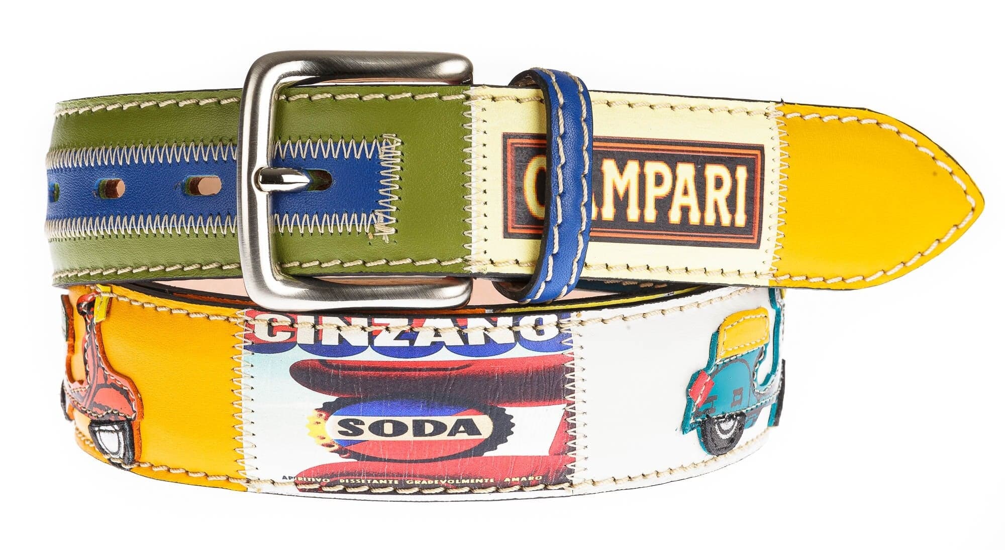 IMOLA: cintura vintage uomo in cuoio, colore : MULTICOLOR, tema fantasia MOTO / VESPA, Made in Italy (