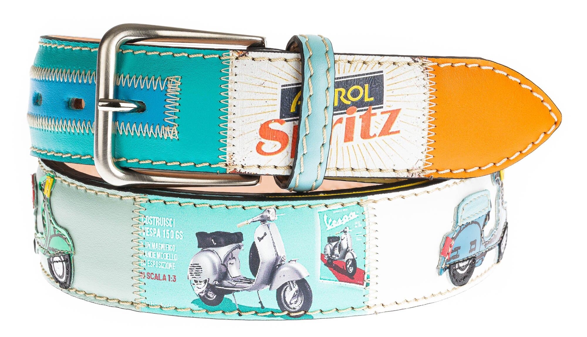 IMOLA: cintura vintage uomo in cuoio, colore : MULTICOLOR, tema fantasia MOTO / VESPA, Made in Italy.