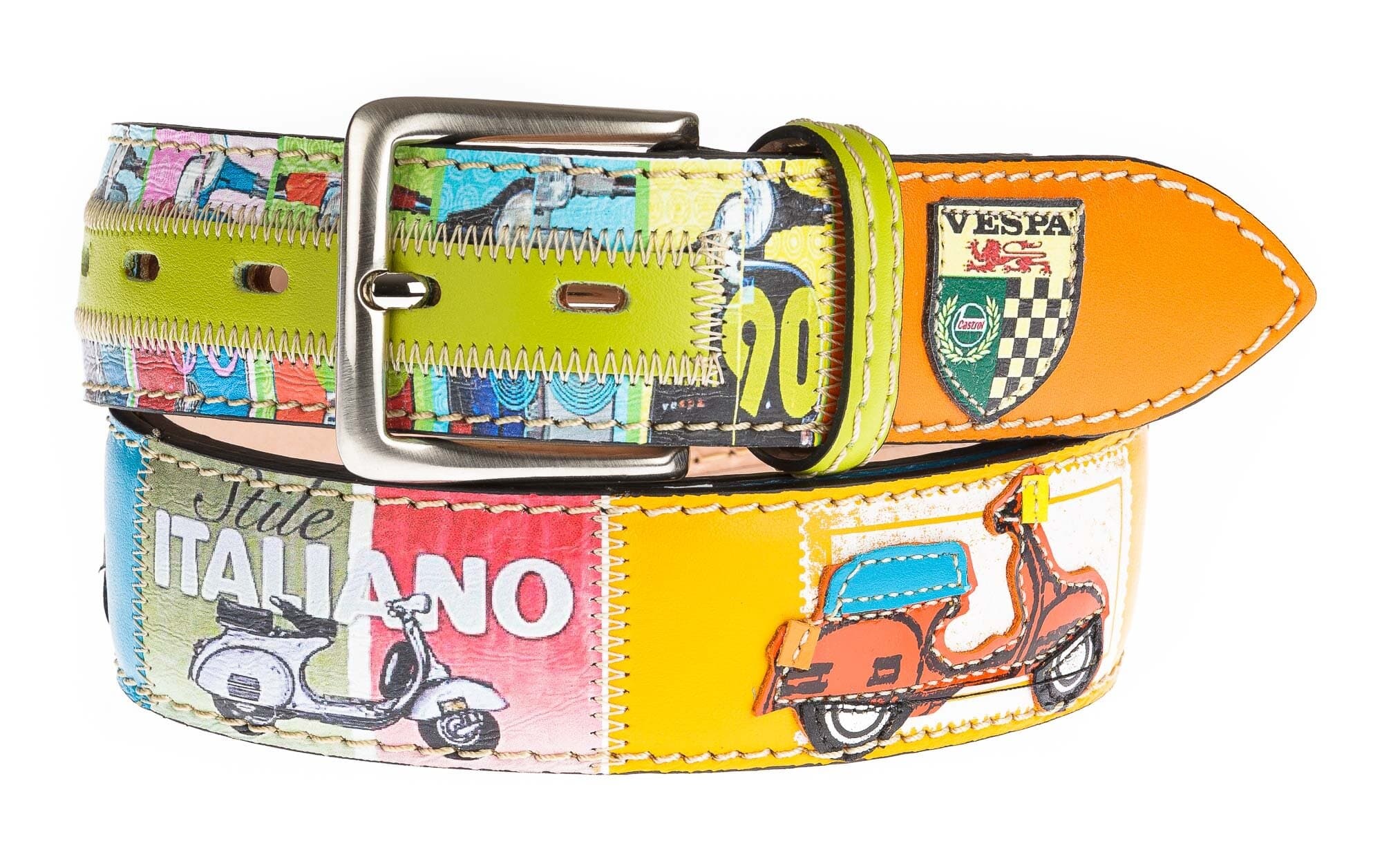 IMOLA: cintura vintage uomo in cuoio, colore : MULTICOLOR, tema fantasia MOTO / VESPA, Made in Ital