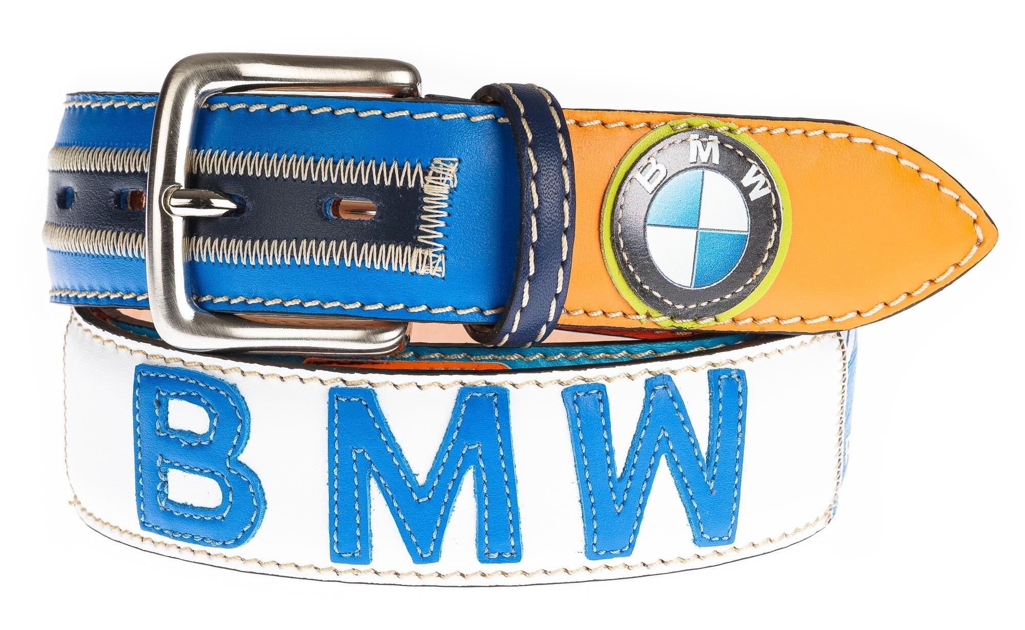 Cintura vintage uomo in vera pelle MONACO, colore MULTICOLOR, con BMW, cucite a mano in pelle, SANTINI, Made in Italy.